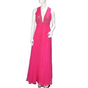 Pink Chiffon Prom Dress Womens Small Beaded V Neck Maxi Formal Sleeveless